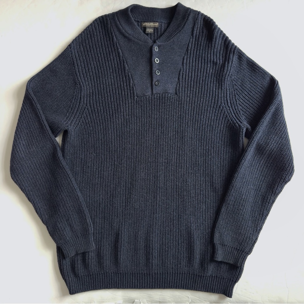 Vintage Eddie Bauer Fisherman Henley Sweater Mens XL Blue Chunky Knit Buttons